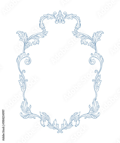 Vintage frame. Classic Baroque frame for wedding invitation decor, greeting card, book cover, and save the date. Whimsical Victorian frame, ornate with linear hand-drawn acanthus leaves and florals.