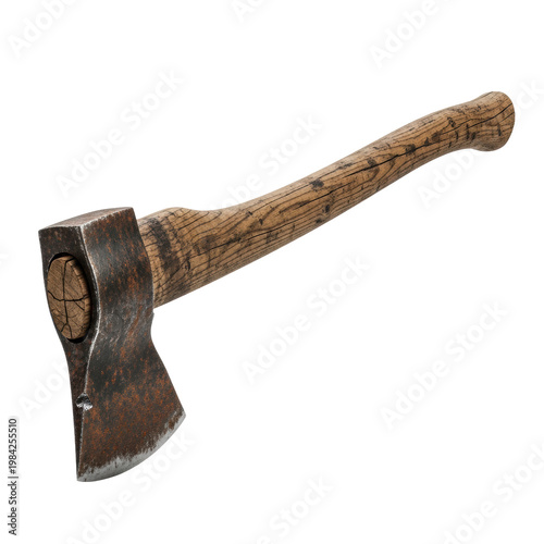 hyper-detailed product shot of a rusty, heavy-duty felling axe with a pitted dark steel blade and distressed hickory handle, isolated on a transparent background. concept of enduring manual labor and