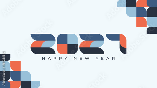 2027 Happy New Year Abstract banner design in retro style made of various geometric shapes in perfect colors. Landing Page. Brochure. Card. Template.
