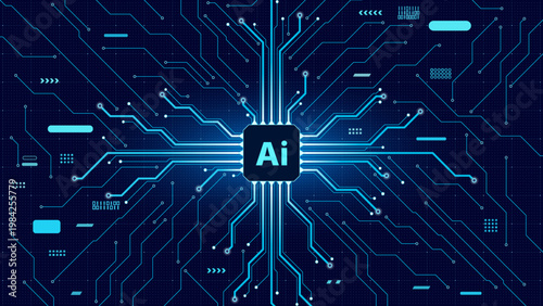 Glowing AI processor on a deep blue motherboard vector with symmetric circuit pathways and neon signal lines, ideal for machine learning content, cybersecurity graphics, and product backgrounds.
