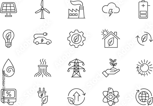 Minimalist line art icons depicting renewable energy, technology, and home utilities ideal for infographics, presentations, and eco-friendly marketing materials.