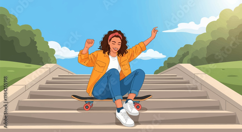 Flat vector illustration of a happy young woman with curly brown hair and pink headband sitting on a skateboard atop outdoor stone stairs in a park setting with green trees.