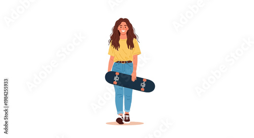 Vector illustration of a smiling young woman with long curly brown hair holding a black skateboard with orange wheels, wearing a yellow t-shirt and blue jeans, isolated on white.