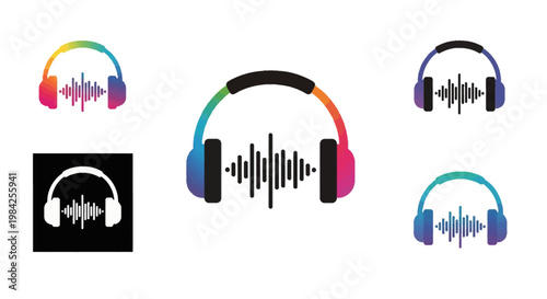 Set of five headphone logo icons with audio sound waves and frequency bars, including rainbow gradient, blue-purple gradient, and solid black and white minimalist vector designs.