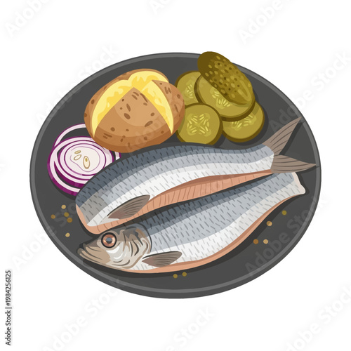 Flat vector illustration of a traditional European meal featuring salted herring fish, a whole baked potato, sliced pickled cucumbers, and red onion rings on a dark plate.