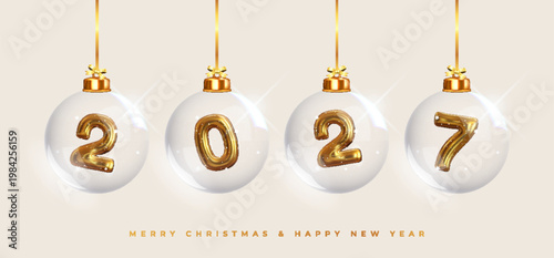 Happy New Year 2027, Golden numbers inside glass Christmas balls hanging on ribbon. Realistic 3D image of metal sign. Celebrating 2027 party. Christmas poster, web banner, site header.