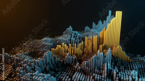 Abstract 3d data landscape of vertical bars forming colorful topography, blue and yellow peaks with dark background