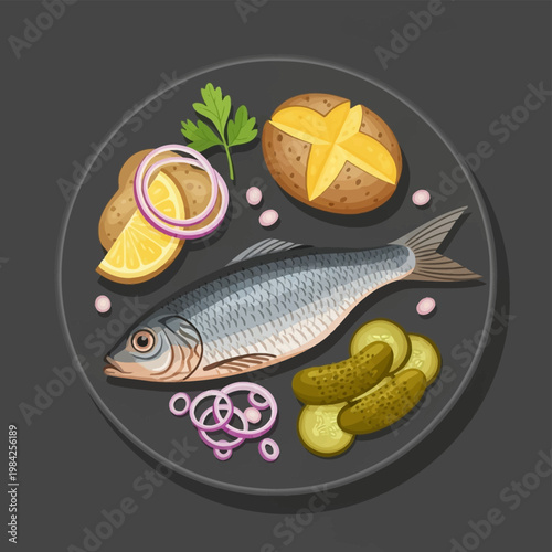 Vector illustration of a whole salted herring served on a black plate with a baked potato, pickled cucumbers, red onion rings, lemon slices, and fresh parsley, top view.
