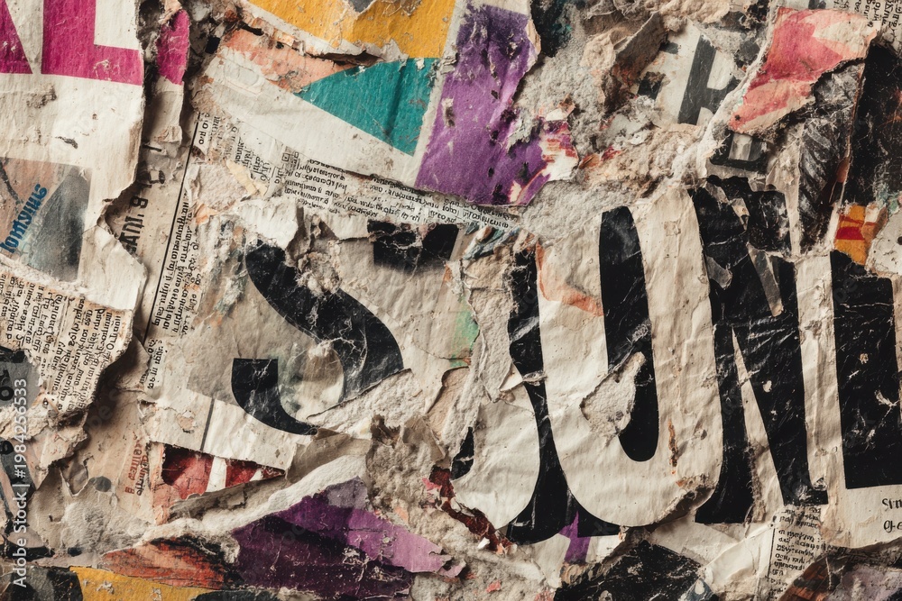 Fototapeta premium Abstract collage background of overlapping torn vintage magazine pages.