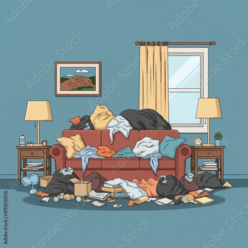 Vector illustration of a cluttered living room featuring a red couch covered in garbage bags and clothes. Piles of trash and personal belongings on the floor, hoarder interior.