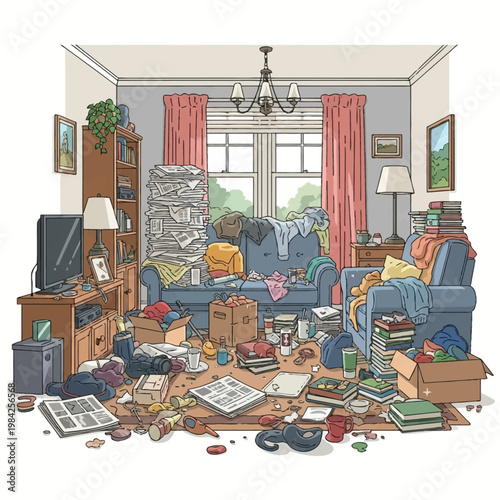 Flat vector illustration of a chaotic living room filled with overflowing stacks of newspapers, cardboard boxes, clothing, and books, depicting extreme clutter and hoarding disorder.