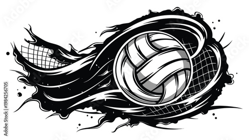 Volleyball with dynamic motion trails and net element appears in a stylized black and white graphic illustration.