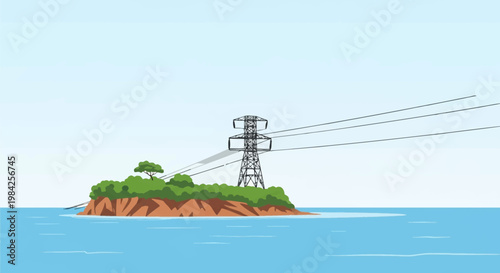 Vector illustration of a high-voltage electrical power transmission tower situated on a small tropical island with green vegetation and rocky soil, surrounded by blue sea water.