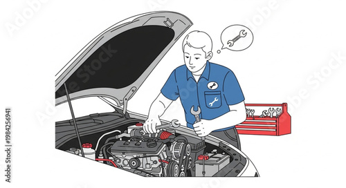 Mechanic working on car engine under hood with toolbox nearby.