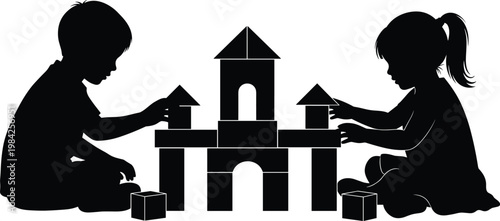 Kids Playing Building Blocks Silhouette Vector Set Children Constructing Toy Castle Creative Playtime Activity Illustration Collection