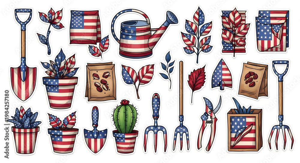 Fototapeta premium Patriotic gardening tools and plants with american flag designs