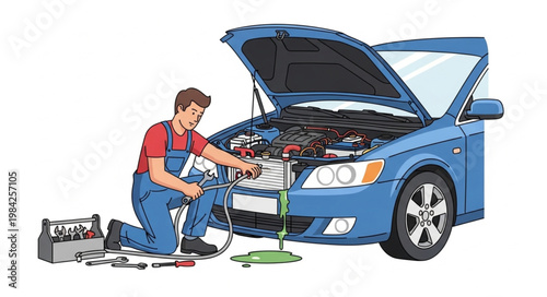 Mechanic Working on Car Engine Under Hood with Tools.
