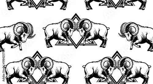 Ram Fighting Set with Two Bighorn Sheep Clashing Horns and Geometric Triangle Frame in Bold Black and White Design