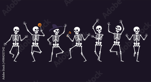 Playful lineup of seven cartoon skeletons dancing happily in various poses with fun props against a dark background.