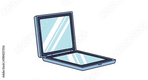 Simple illustration of an open compact portable mirror with a light blue casing reflecting a clear smooth surface.