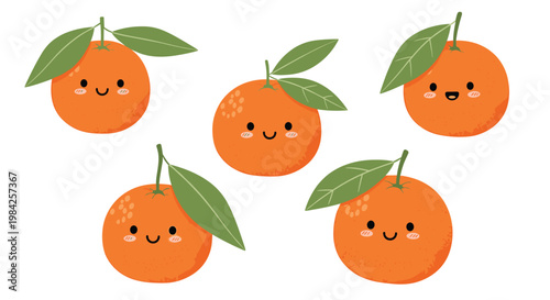Adorable set of five cute cartoon oranges with expressive happy faces and green leaves smiling cheerfully.