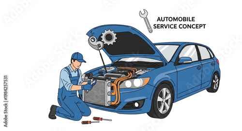 Mechanic working on car engine automobile service concept.