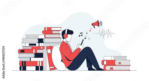 Person sitting amidst towering stacks of books listening to an audiobook or music on a smartphone with headphones.