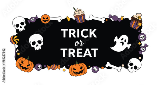 Festive Halloween banner featuring "Trick or Treat" text surrounded by spooky elements like skulls pumpkins ghosts and candy.