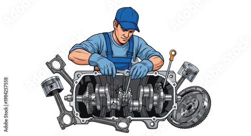 Mechanic working on car engine crankshaft assembly repair.