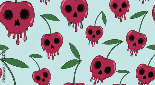 Spooky seamless pattern featuring cartoon cherries with skull faces dripping red liquid on a light blue background.