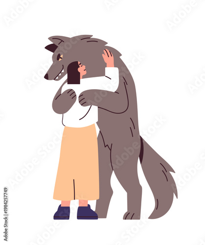 Unhealthy toxic fake relationship. Love couple, woman trusting bad unsafe partner. Dangerous animal, wolf hugging female. Psychology problem. Flat vector illustration isolated on white background
