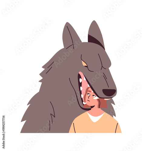 Unhealthy relationship, assault, violence and abuse concept. Dangerous animal, wild wolf and woman in danger. Threatening partner, monster. Flat vector illustration isolated on white background