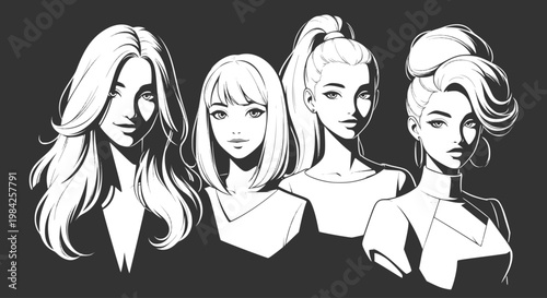 Monochrome group portrait of fashionable young women in minimalist vector style, design for fashion magazine headers, streetwear branding, and lifestyle blog banners. Vector. Transparent EPS version.