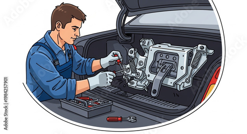 Mechanic working on car engine in trunk.