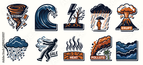 Natural disaster and climate change vector icons for environmental awareness and risk management