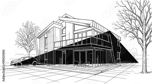 Modern house with dramatic shadow architectural sketch illustration, contemporary residential design, stylish exterior perspective and urban home concept