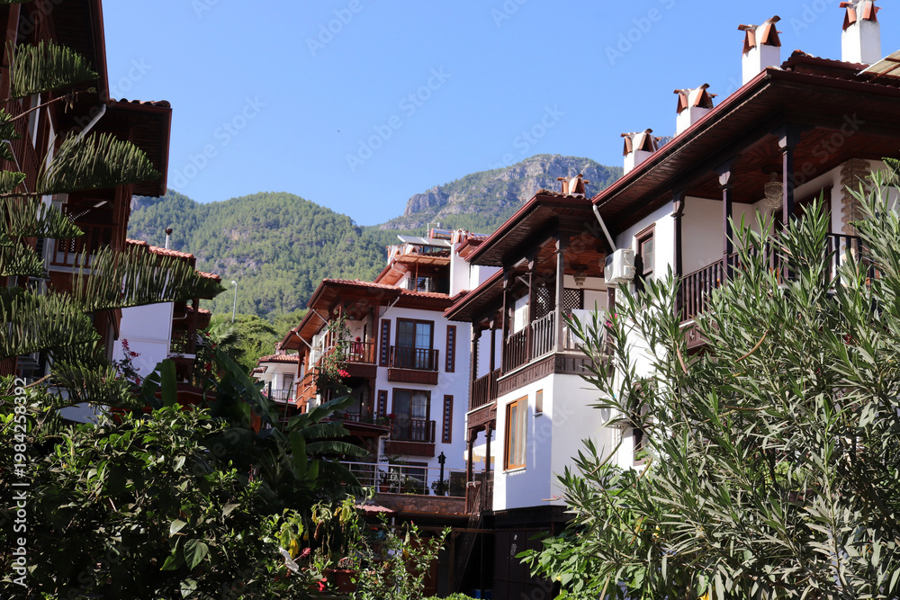 Fototapeta premium Houses surrounded by greenery in Akyaka, Mugla, Turkey.