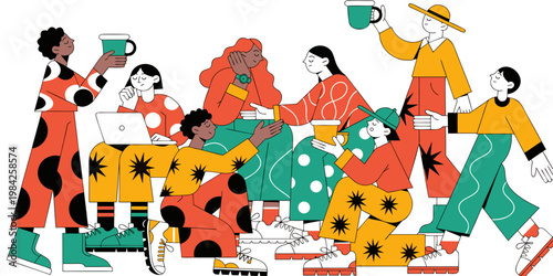 Flat illustration of diverse people socializing and interacting together with interaction community teamwork collaboration illustration lifestyle communication together connection discussion