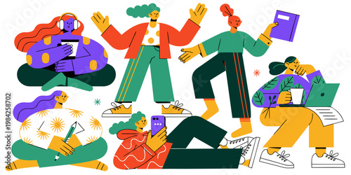 Collection of creative people working on various tasks in a flat design style with creative lifestyle collaboration freelance productivity cooperation coworking business learning illustration