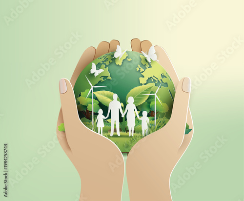 Human Hands Protecting Green Earth and Family in Sustainable Paper Cut Style