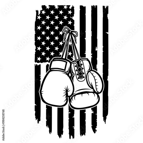 Vintage American Flag With Hanging Boxing Gloves Illustration, Grungy Patriotic United States Background For Combat Sports And Fitness Training