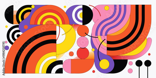 Modern geometric composition featuring circular arcs and rounded shapes in a flat graphic style geometric abstract composition colorful minimalist creative illustration elements abstracted