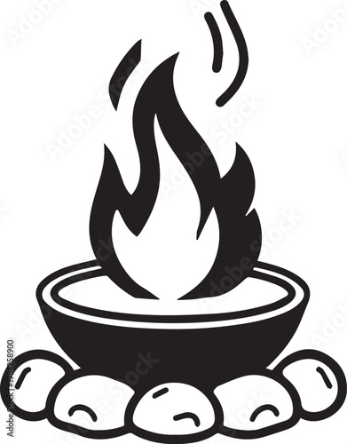An illustration depicting a campfire's flames leaping in a stone fire pit, inviting warmth and camaraderie.