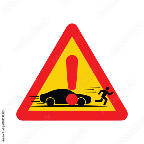 Road safety warning sign icon with car and running pedestrian for accident prevention.