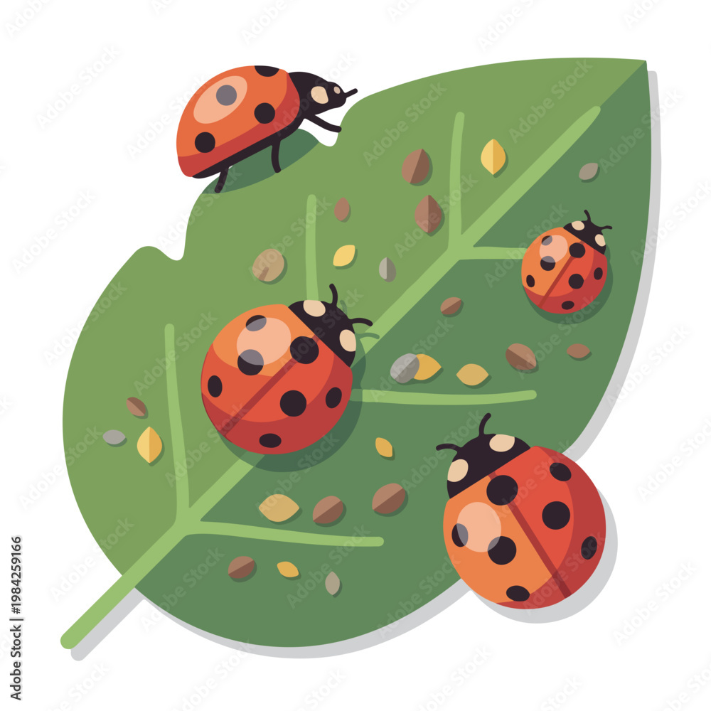 Naklejka premium Ladybird beetles on infested leaf. Flat design vector illustration of ladybugs preying on aphids. Biological pest control and nature concept