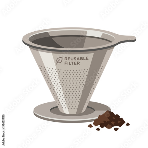 Reusable coffee filter basket with grounds. Eco-friendly pour over brewing tool. Flat vector illustration
