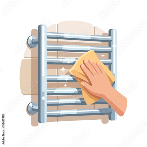 Polishing chrome towel warmer in bathroom. Cleaning and maintenance concept. Flat vector illustration