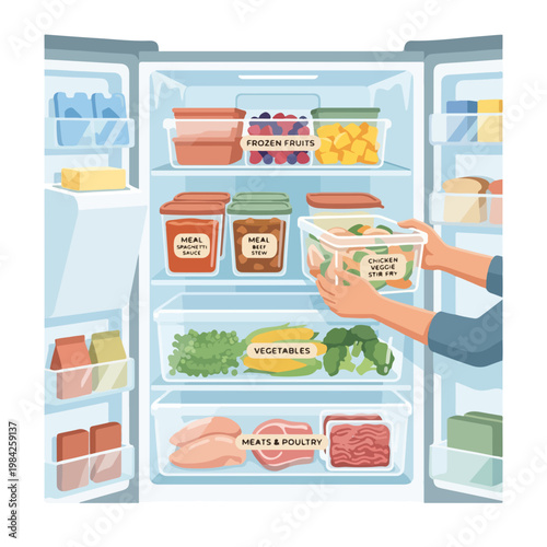 Organizing freezer with bins and containers. Flat design vector illustration of meal prep and food storage. Kitchen organization concept