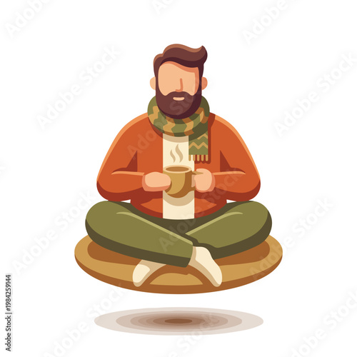 Man sitting cross legged with hot tea. Flat design vector illustration of bearded person relaxing. Mindfulness and cozy lifestyle concept