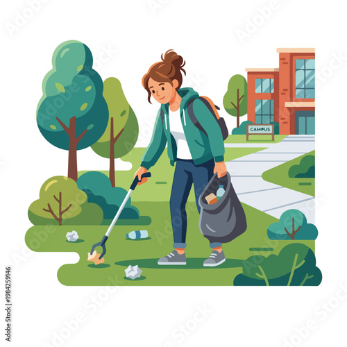Woman picking up litter on campus. Flat design vector illustration of volunteer cleaning environment. Sustainability and community service concept